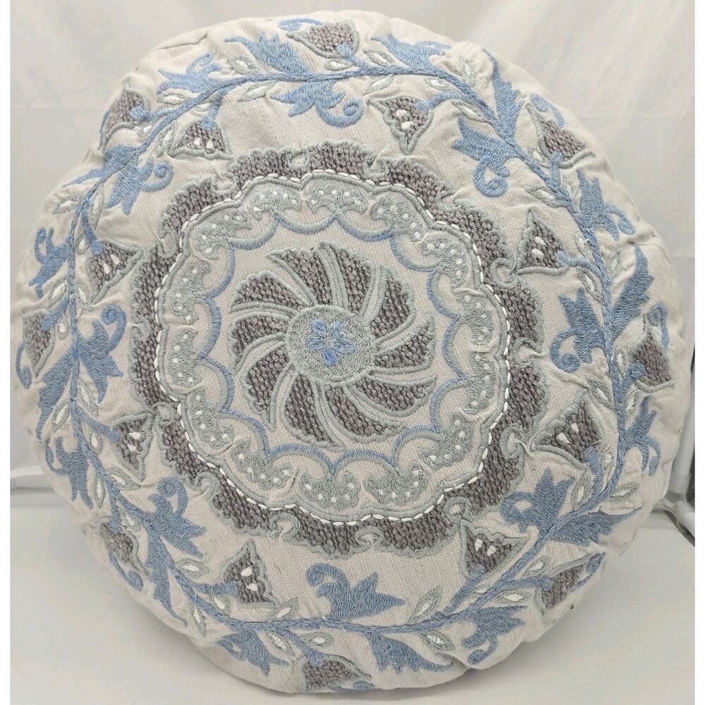 Shabby Chic Zafu Meditation Mandala Accent Pillow 17" Round Boho Soft Beige Blue